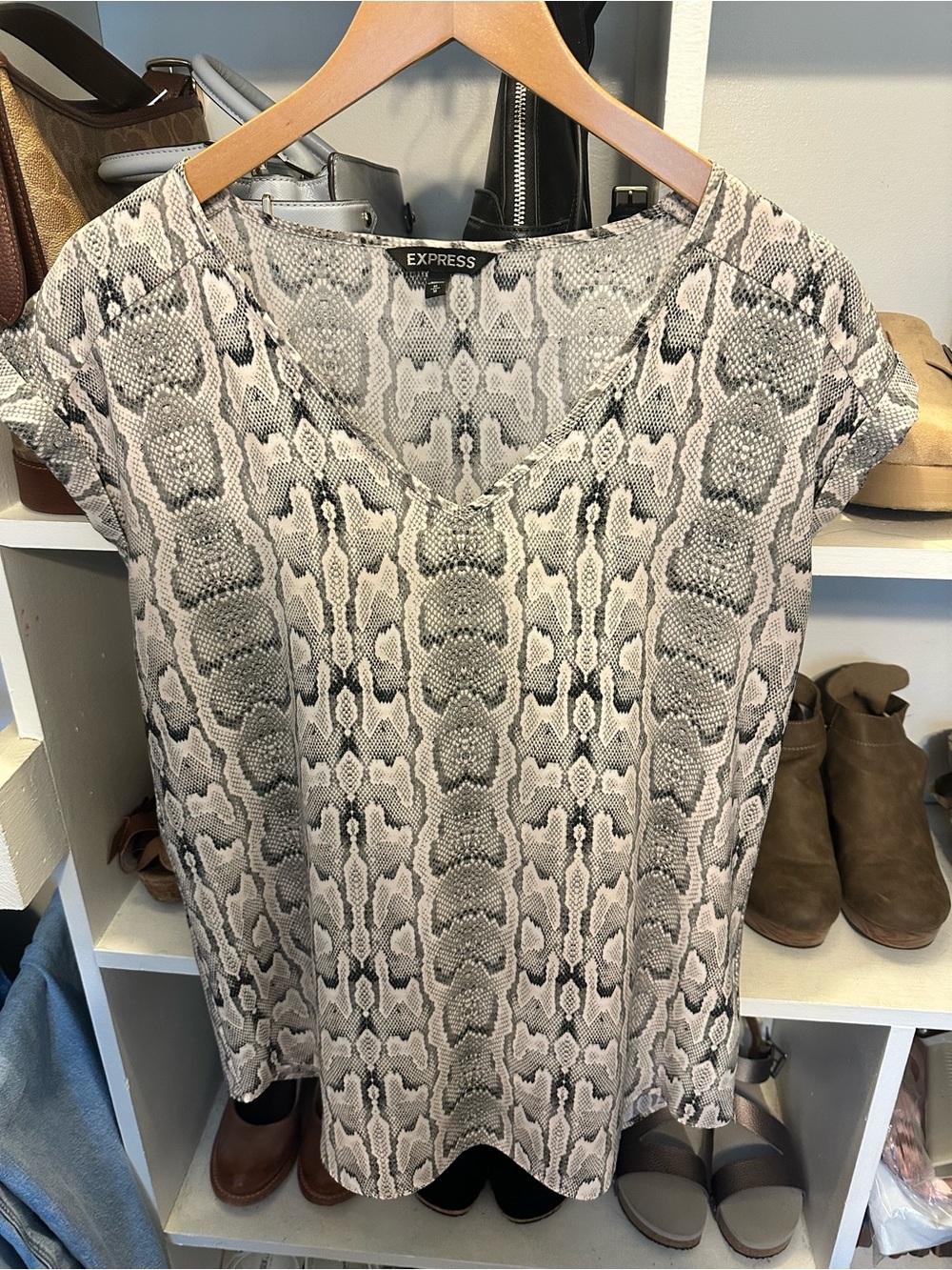 Express Neutral Snake-Print V-Neck Blouse